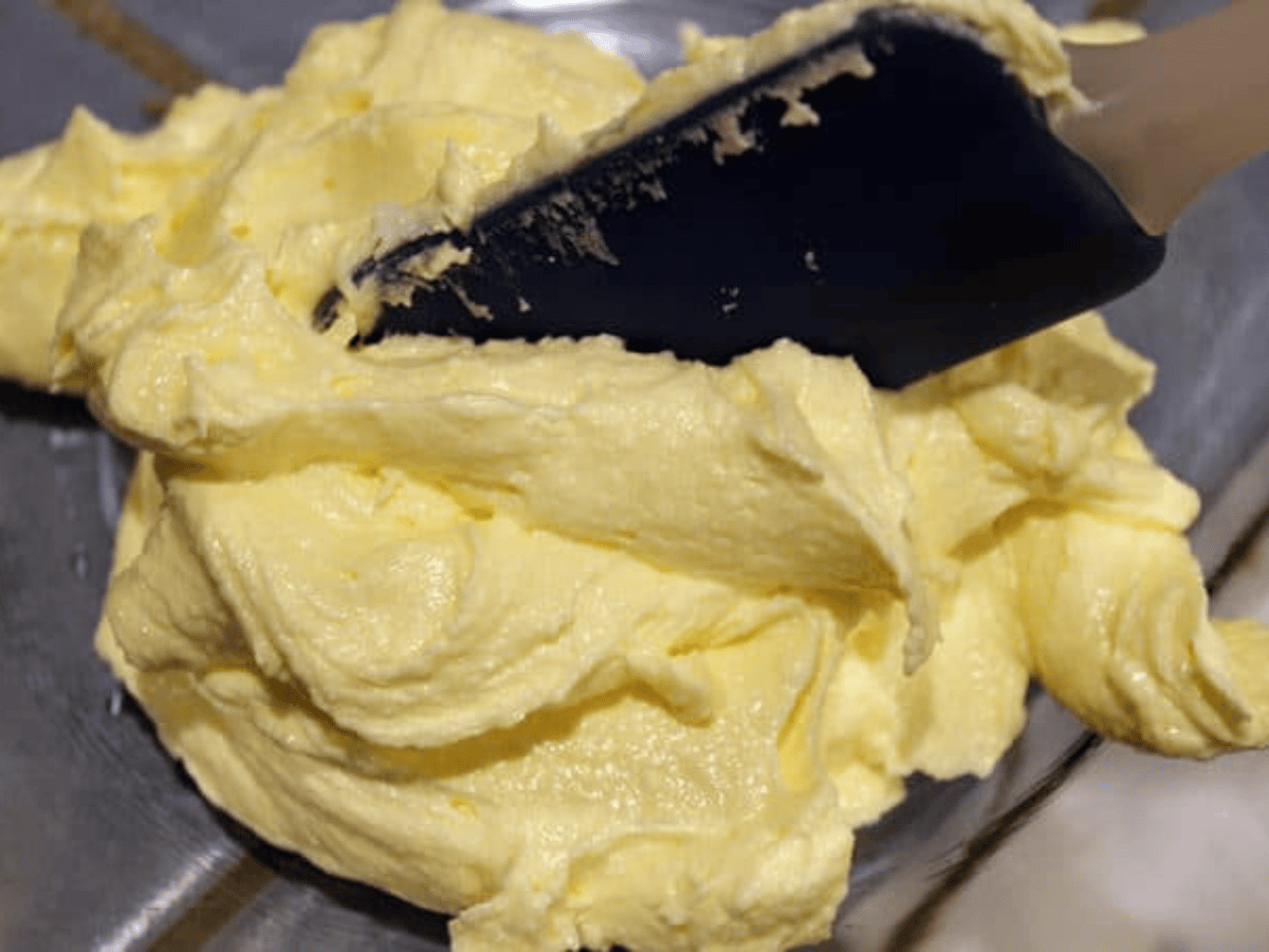 batter in bowl being mixed with spatula