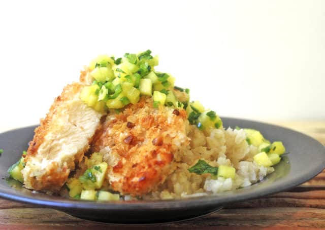 This chicken dish is crusted with macadamia nuts and topped with pineapple jalapeno salsa. Go on a tropical summer vacation in your kitchen! In only 30 minutes!