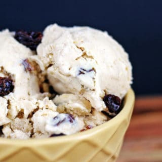 No cook, egg free Oatmeal Raisin Cookie Batter Ice Cream! Ready to churn in just 2 minutes and taste's like you are licking the bowl of Cold Stone's oatmeal raisin cookie batter ice cream!