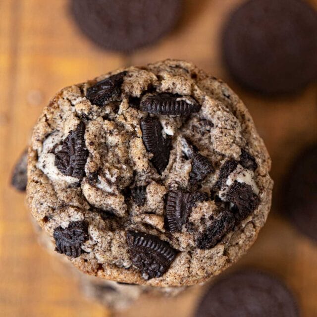 Oreo Chunk Cookies in stack, top-down view