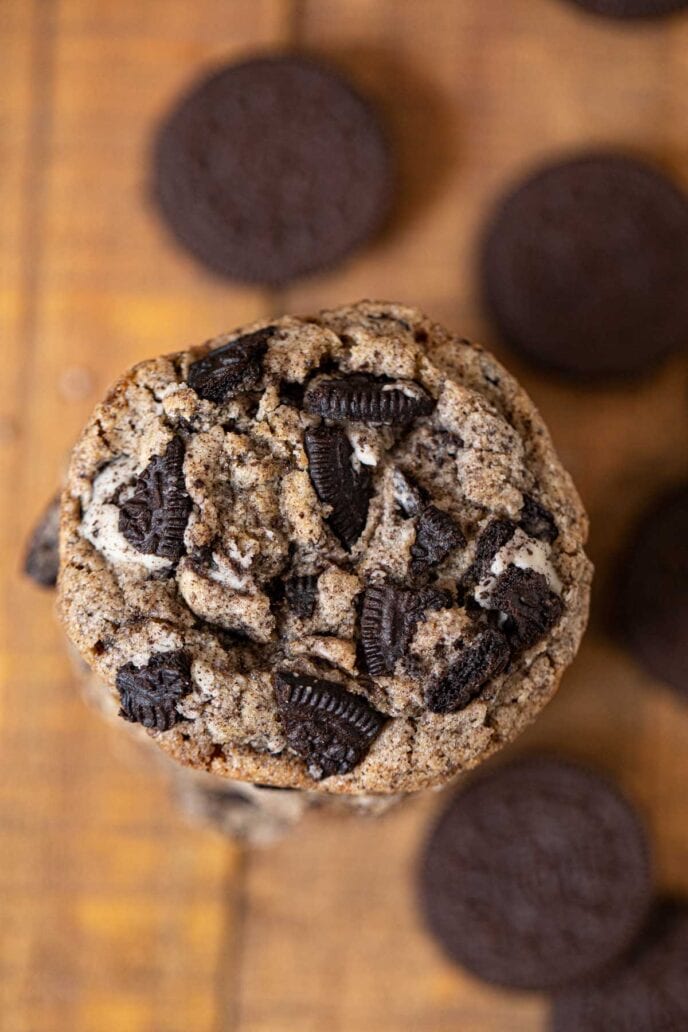 Oreo Chunk Cookies in stack, top-down view