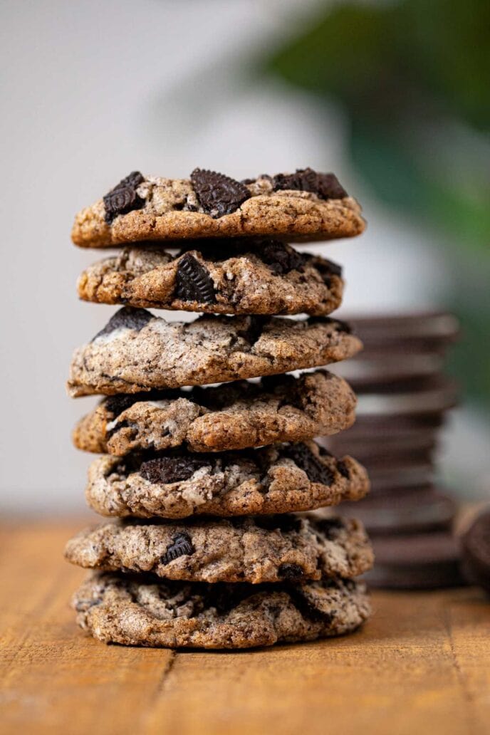 Oreo Chunk Cookies in stack