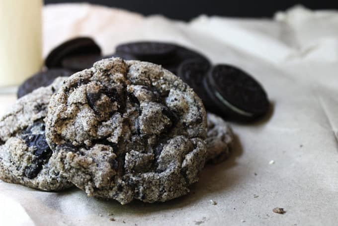 Oreo Chunk Cookies on parchment paper