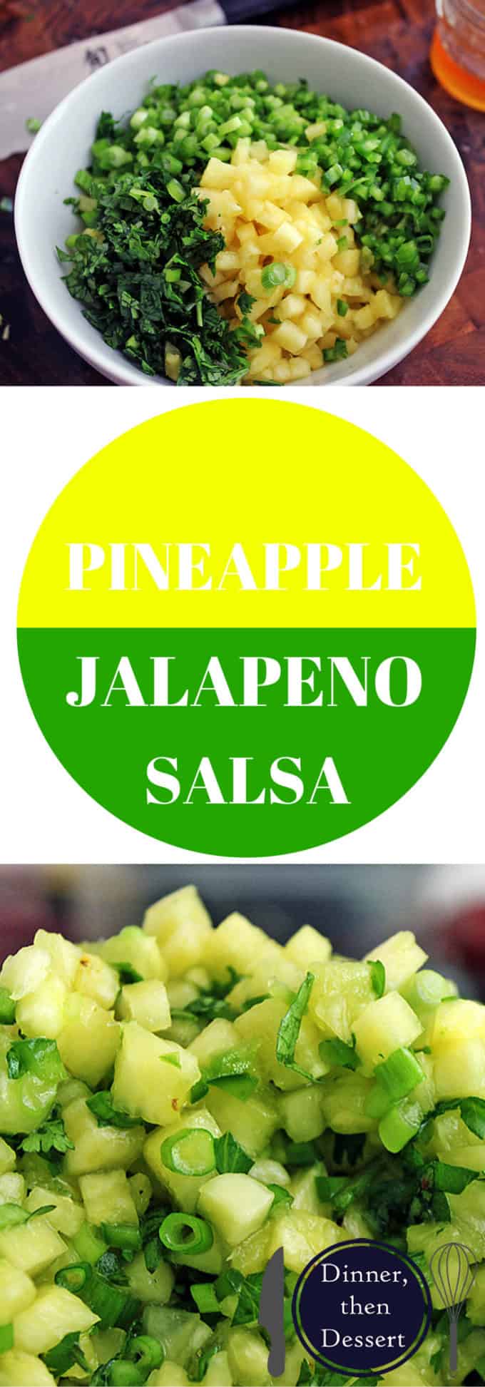 Salsa, perfect for grilled meats or chips! Made with pineapples, jalapenos, lime, honey and cilantro! Refreshing!