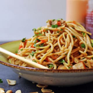 These 5 ingredient noodles are salty and spicy, full of umami and creamy peanut butter. From start to finish in 10 minutes, these are a perfect quick fix when you've had a long day.
