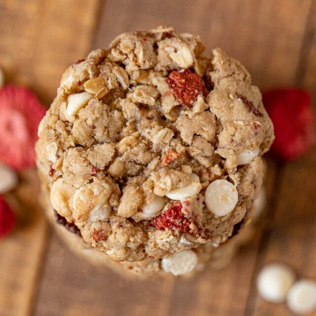 Strawberry White Chocolate Oatmeal Cookies in stack