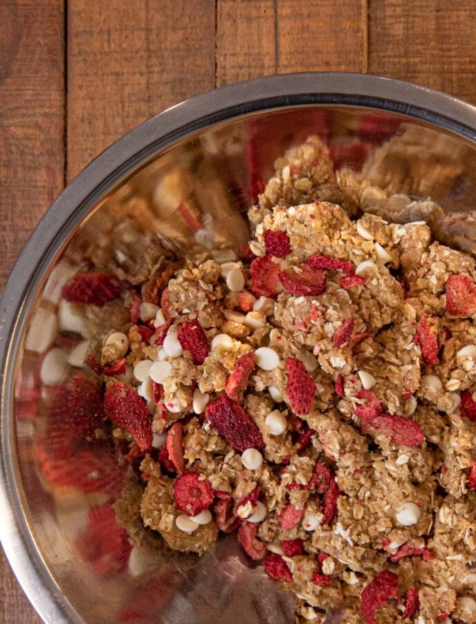 Strawberry White Chocolate Oatmeal Cookies dough in bowl