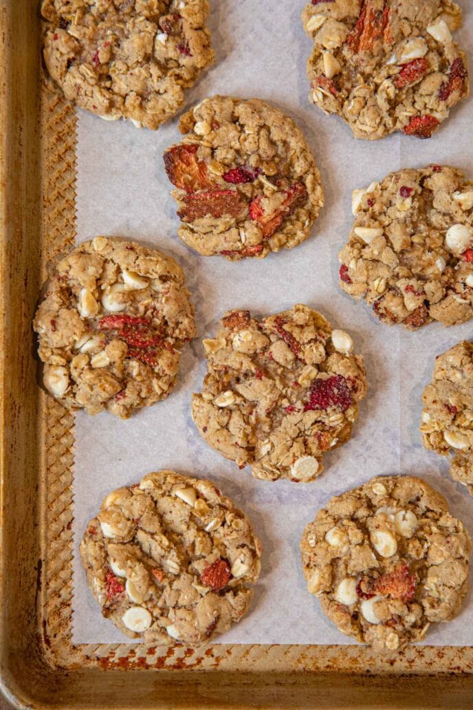 Strawberry White Chocolate Oatmeal Cookies on baking sheet