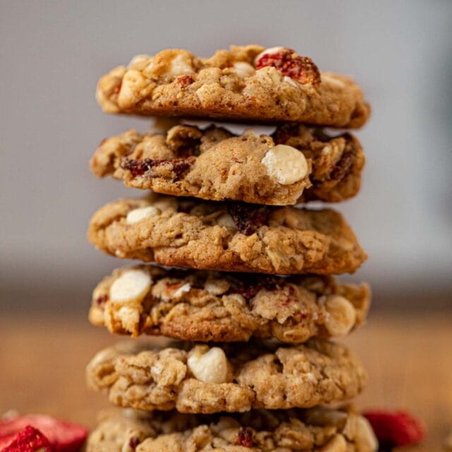 Strawberry White Chocolate Oatmeal Cookies in stack
