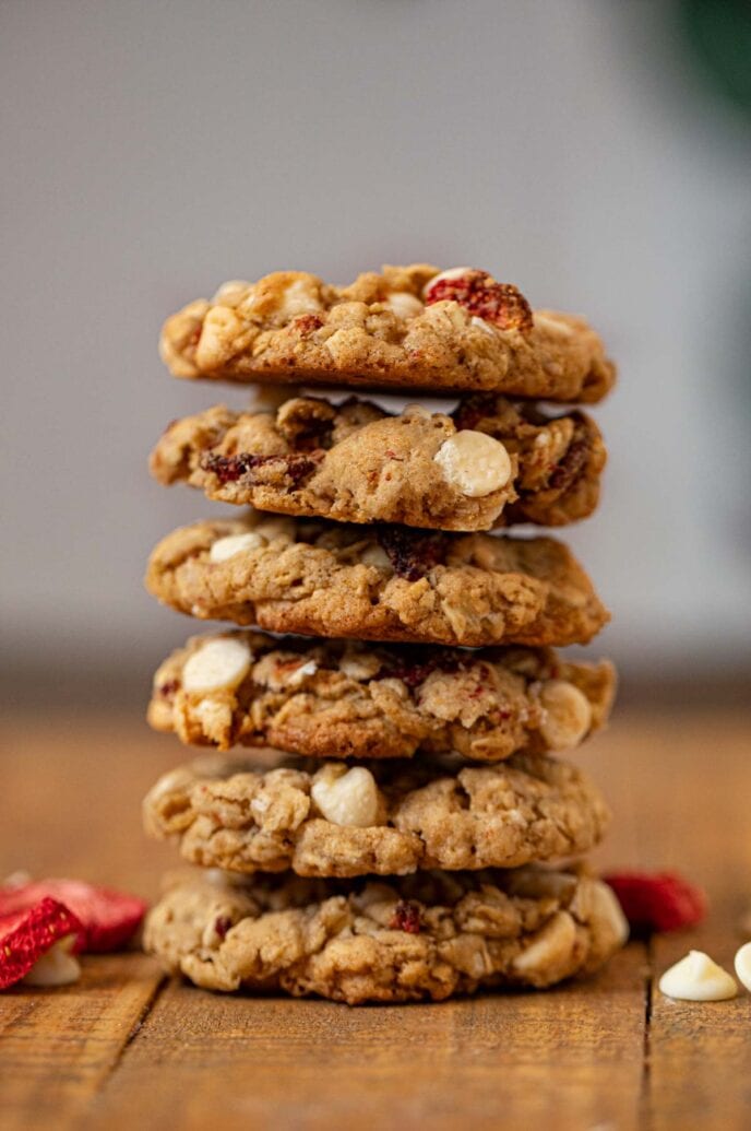 Strawberry White Chocolate Oatmeal Cookies in stack