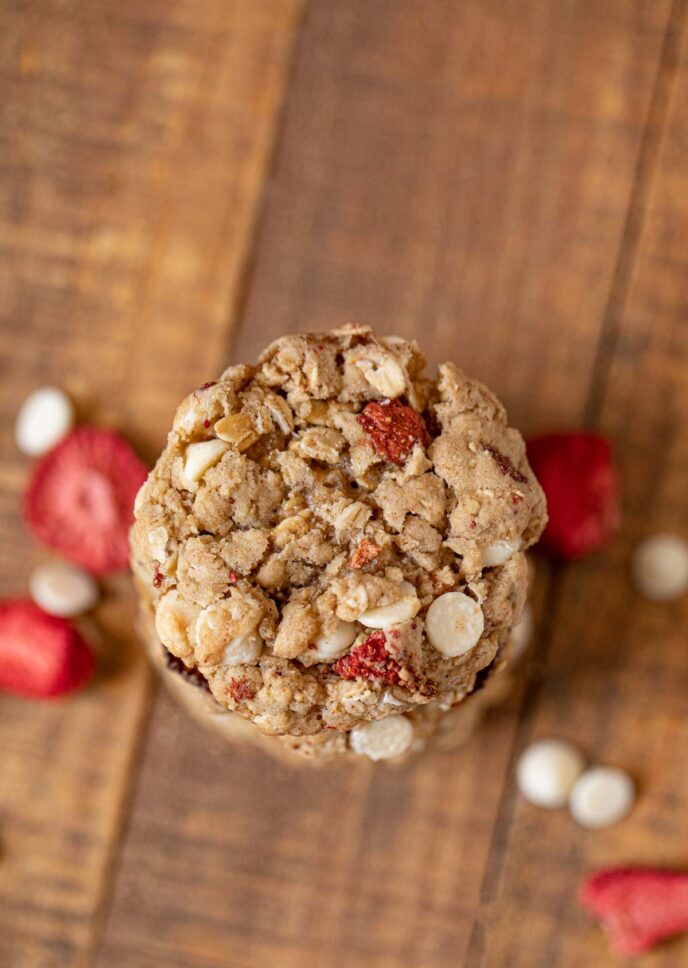 Strawberry White Chocolate Oatmeal Cookies in stack