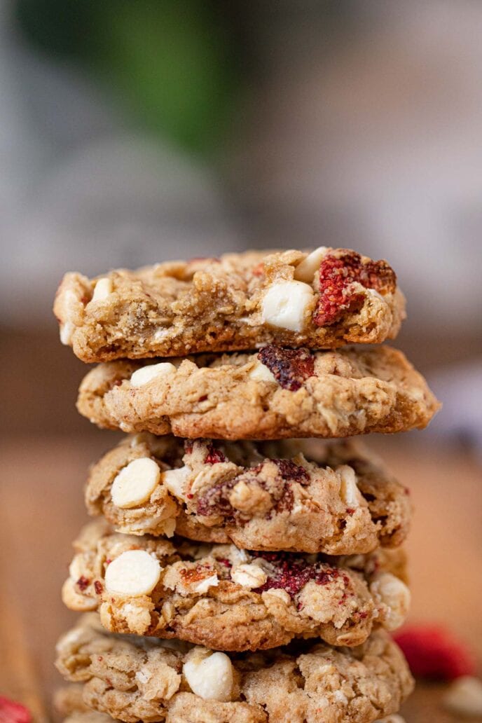 Strawberry White Chocolate Oatmeal Cookies in stack