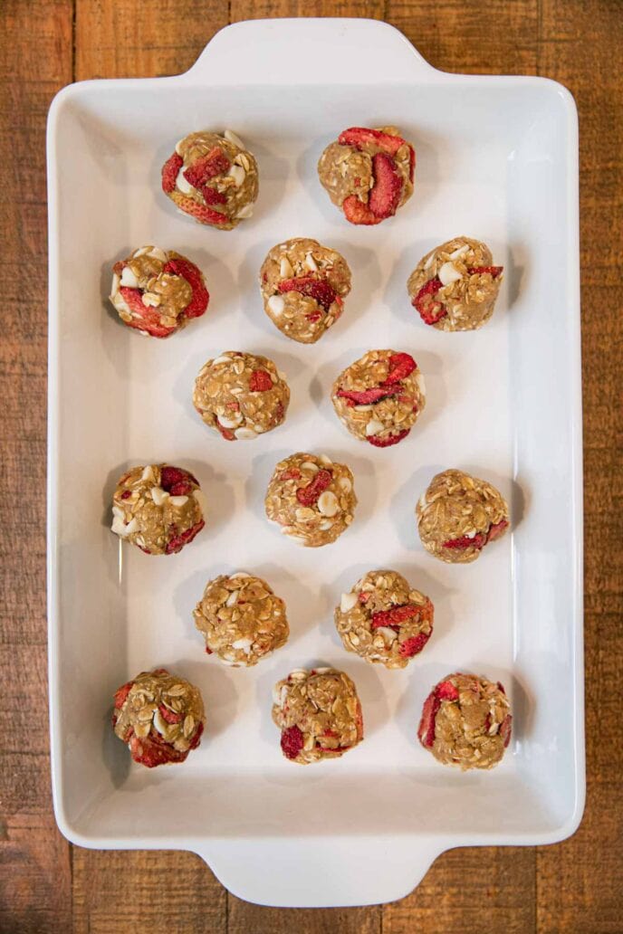 Strawberry White Chocolate Oatmeal Cookies in baking dish before cooking