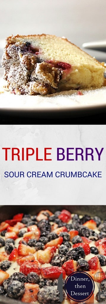 collage of triple berry cake