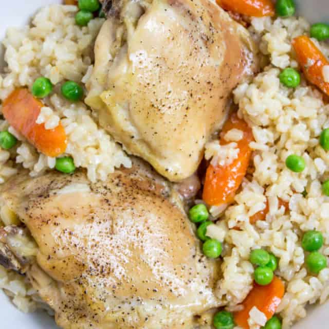 One Pan chicken and rice casserole with peas and carrots