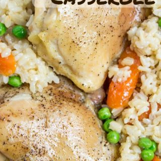 One Pan Baked Chicken Brown Rice Vegetable Casserole, served with Carrots and Peas, is healthy, flavorful and involves almost no clean-up!