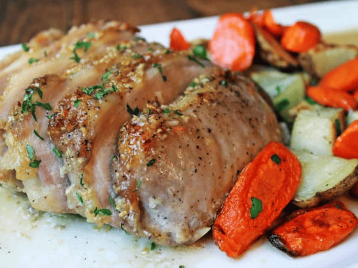 pork plated with mixed veggies 
