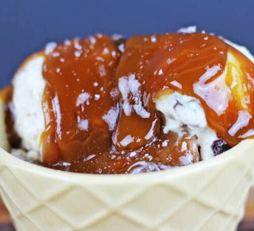 Salted Caramel Sauce on ice cream in bowl