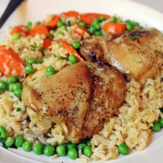 One pan easy baked Chicken Brown Rice Casserole served with Carrots and Peas. Healthy, flavorful and almost no clean-up involved!