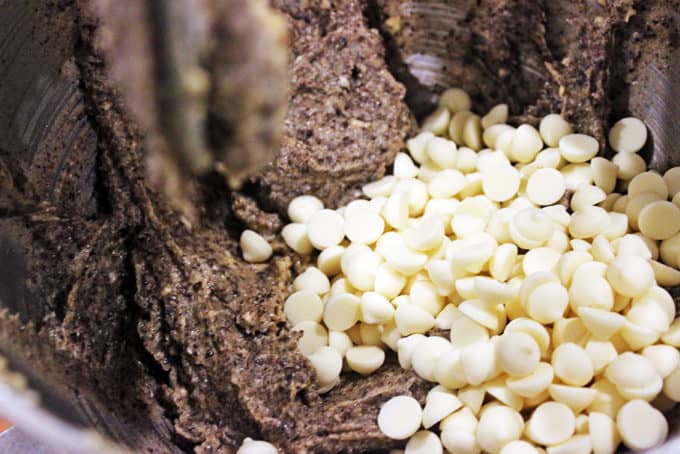 White chocolate about to be mixed in with the other dessert ingredients 