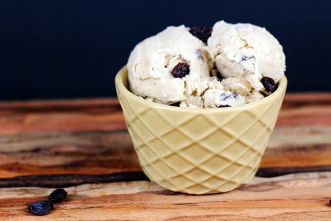 Raisin ice cream scooped into a bowl