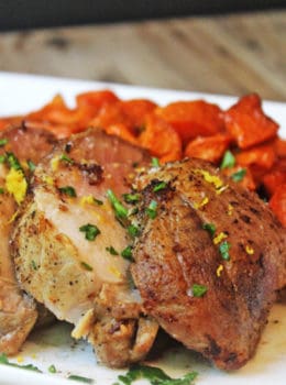 A dish from rock star Chef Michael Chiarello, this marinade is shockingly easy, and has a bright fresh flavor you will want to use any meat you cook! Serve it up with my Honey Roasted Apples for an amazing meal.