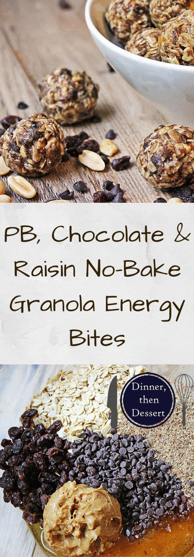 No bake energy bites that taste like a cross between your three favorite cookies: Chocolate Chip, Peanut Butter and Oatmeal Raisin. The addition of flax meal kick up the flavor and the good-for-you-factor!