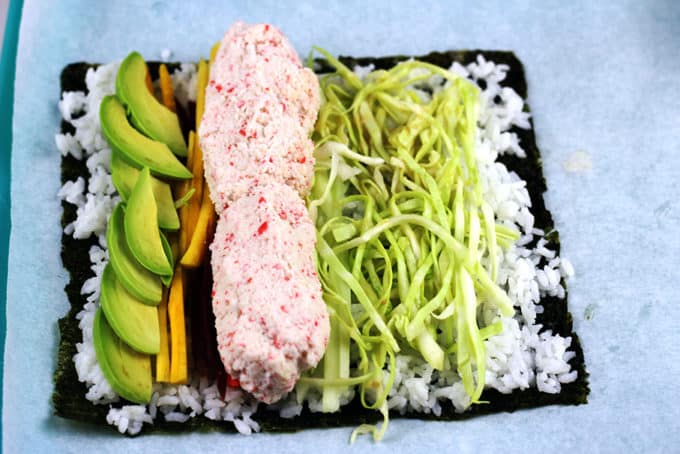 Sushi Burrito rice, veggies, and crab meat on nori seaweed sheet