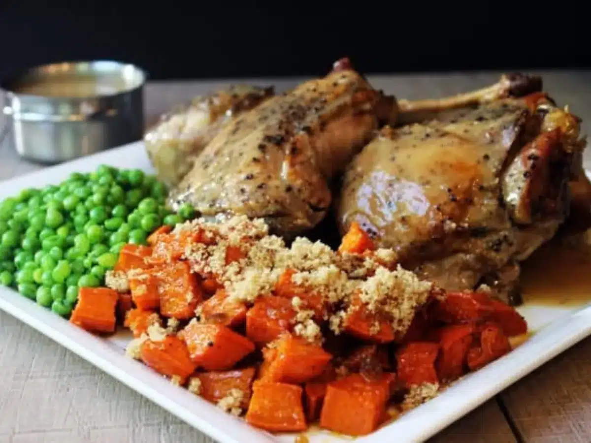 Plated dinner with turkey, peas and potatoes 