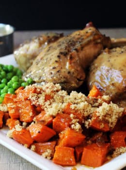 Thanksgiving in a flash! Slow cooked turkey that is browned, moist and tender, covered in a rich gravy with candied sweet potatoes and green peas in just 7 Ingredients (not including salt and pepper...but c'mon!)! In case you didn't see the news yesterday, the FREE E-Cookbook 5-10-30 5 Cuisines, 10 Full Meals, 30 Total Ingredients was released for subscribers!