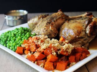 Thanksgiving in a flash! Slow cooked turkey that is browned, moist and tender, covered in a rich gravy with candied sweet potatoes and green peas in just 7 Ingredients (not including salt and pepper...but c'mon!)! In case you didn't see the news yesterday, the FREE E-Cookbook 5-10-30 5 Cuisines, 10 Full Meals, 30 Total Ingredients was released for subscribers!