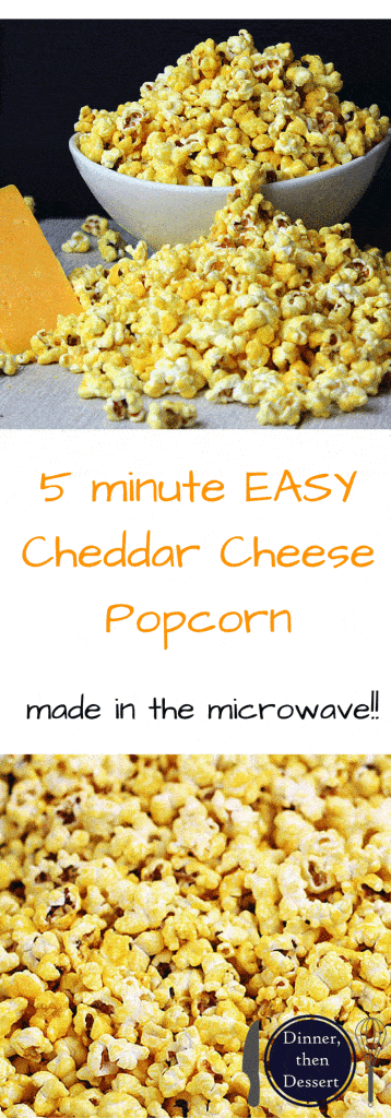 Easy Homemade Cheddar Cheese Popcorn! Just like the kind you buy in tins at Christmas. The best part is it takes just five minutes to make and is done 100% in the microwave!