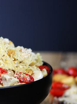 10 Minute Chicken Caesar Pasta Salad is so quick to make and so delicious you will put this in your regular rotation for lunches, parties, picnics and bbqs! It comes together in just minutes and is just 6 ingredients!