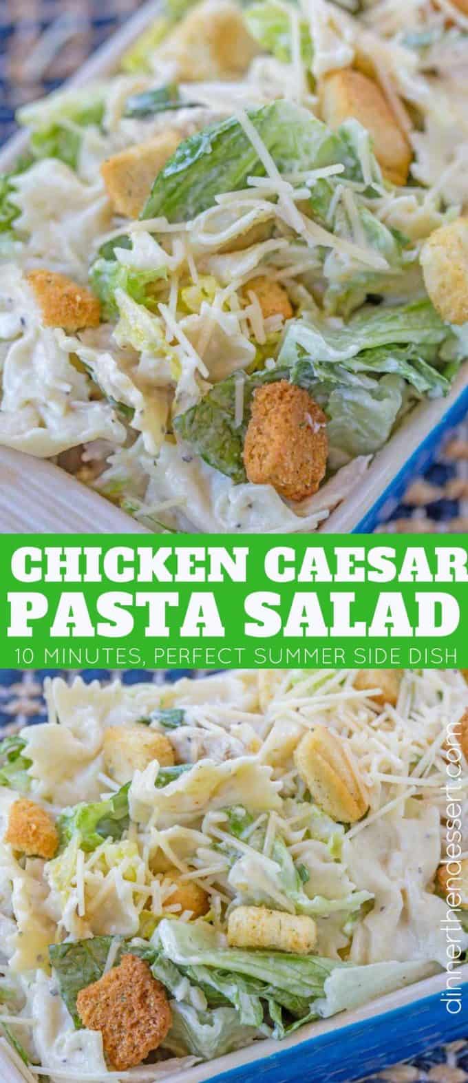 collage of cold chicken caesar pasta salad in bowls