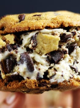 The Ultimate Cookie Dough Sandwich with Cookie Dough flavored Ice Cream, Chocolate Chip Cookie Dough Chunks (Eggless) sandwich between 2 fresh baked Chocolate Chip Cookies