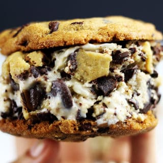 The Ultimate Cookie Dough Sandwich with Cookie Dough flavored Ice Cream, Chocolate Chip Cookie Dough Chunks (Eggless) sandwich between 2 fresh baked Chocolate Chip Cookies