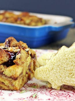 Peanut Butter and Jelly Uncrustables that you can make with your little ones using cookie cutters and instead of having leftover crusts that no one wants you bake it into a delicious Peanut Butter & Jelly French Toast Casserole! NO WASTE! It is a delicious brunch dish you can even serve company!