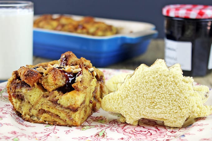 Peanut Butter and Jelly Uncrustables that you can make with your little ones using cookie cutters and instead of having leftover crusts that no one wants you bake it into a delicious Peanut Butter & Jelly French Toast Casserole! NO WASTE! It is a delicious brunch dish you can even serve company! 