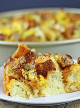 Your favorite fast food breakfast reimagined! Crispy, chewy English Muffins baked with eggs, breakfast sausage and cheddar cheese for a delicious egg bake that will be a hit with a crowd! Serve with maple syrup and a side of hash browns and skip the drive thru!