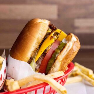 Double Double Animal Style in basket with fries