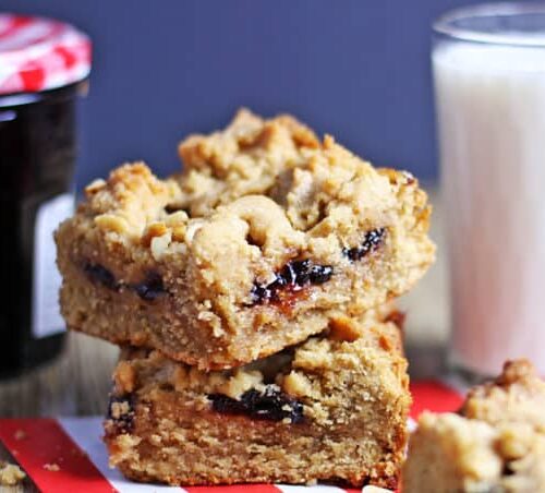 Peanut Butter & Strawberry Jelly Bars stacked