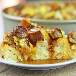 Sausage and egg bake topped with melted cheese.
