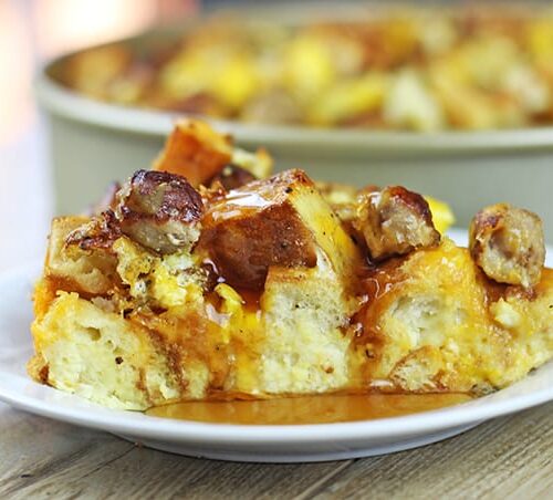 Sausage and egg bake topped with melted cheese.