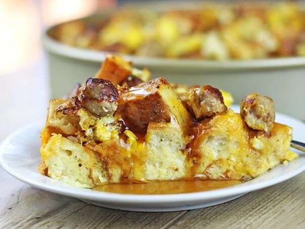 Sausage and egg bake topped with melted cheese.
