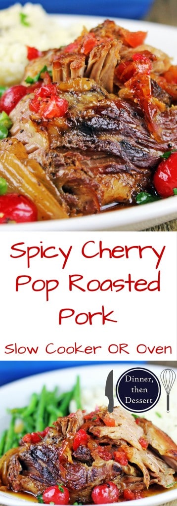 Spicy & Sweet this pork is roasted over onions with chipotle peppers and cherry flavored pop along with some fun maraschino cherries until fork tender. Perfect meal for a main course, tacos, on top of nachos!