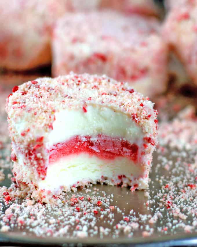 Strawberry Shortcake Bars are made with rich Vanilla Ice Cream sandwiched around Fresh Strawberry Sorbet and rolled in a deliciously nostalgic strawberry crumb topping with a butter crumb made with milk powder and freeze dried strawberries. I promise you'll feel like you took a trip back into your childhood when you take a bite but you will love that they are made with natural flavors!