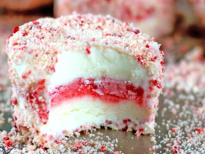Plated strawberry sorbet ice cream bars with crumbs.
