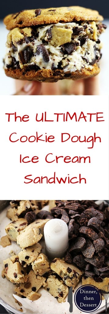 The Ultimate Cookie Dough Sandwich with Cookie Dough flavored Ice Cream, Chocolate Chip Cookie Dough Chunks (Eggless) sandwich between 2 fresh baked Chocolate Chip Cookies