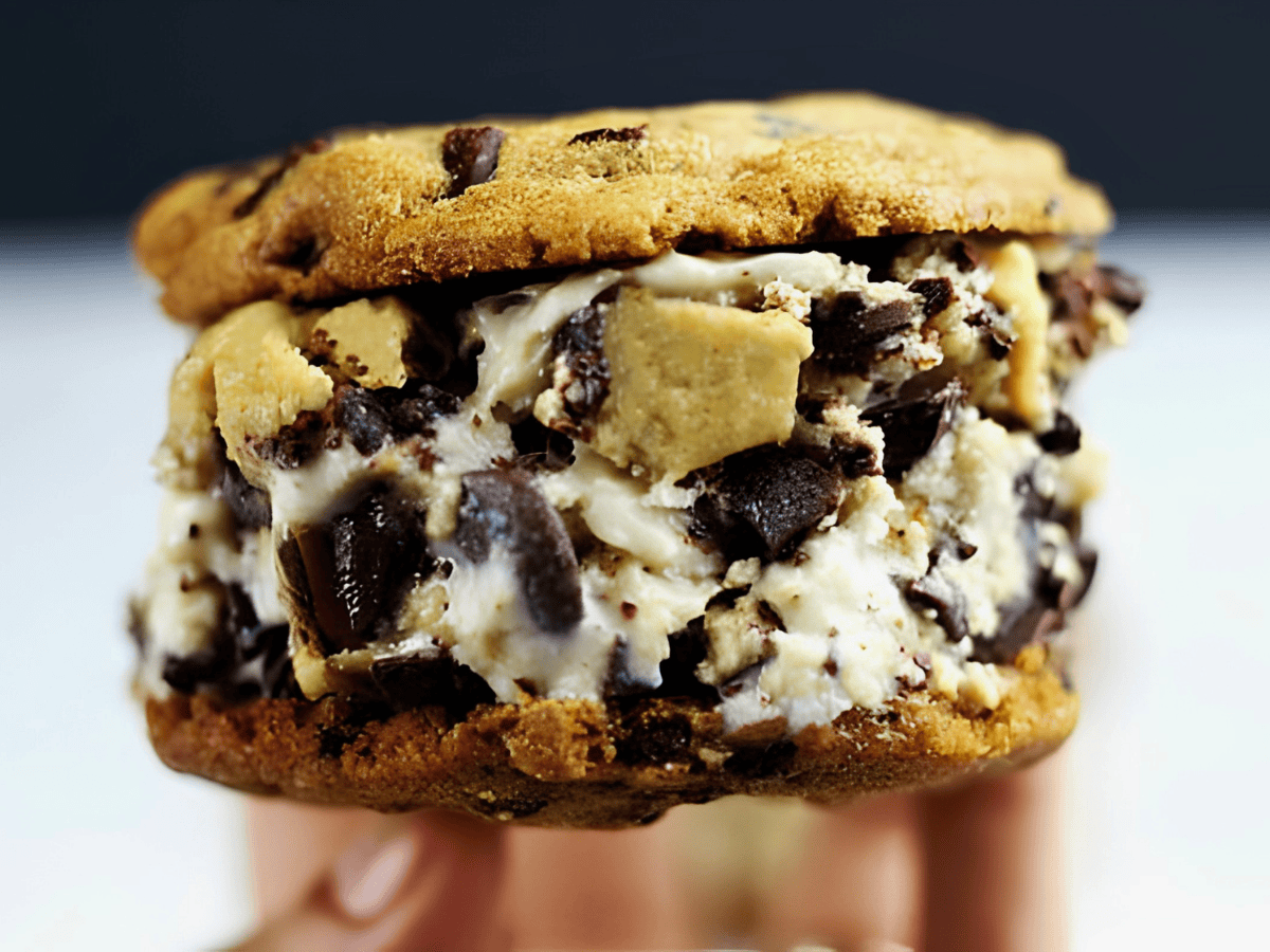 unbaked dough in frozen creamy dessert in between two cookies
