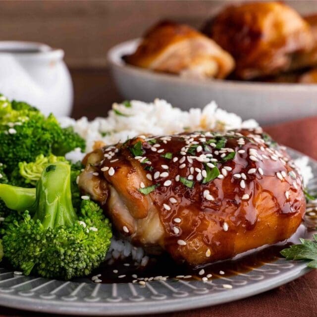 Classic Baked Teriyaki Chicken on plate with broccoli and white rice